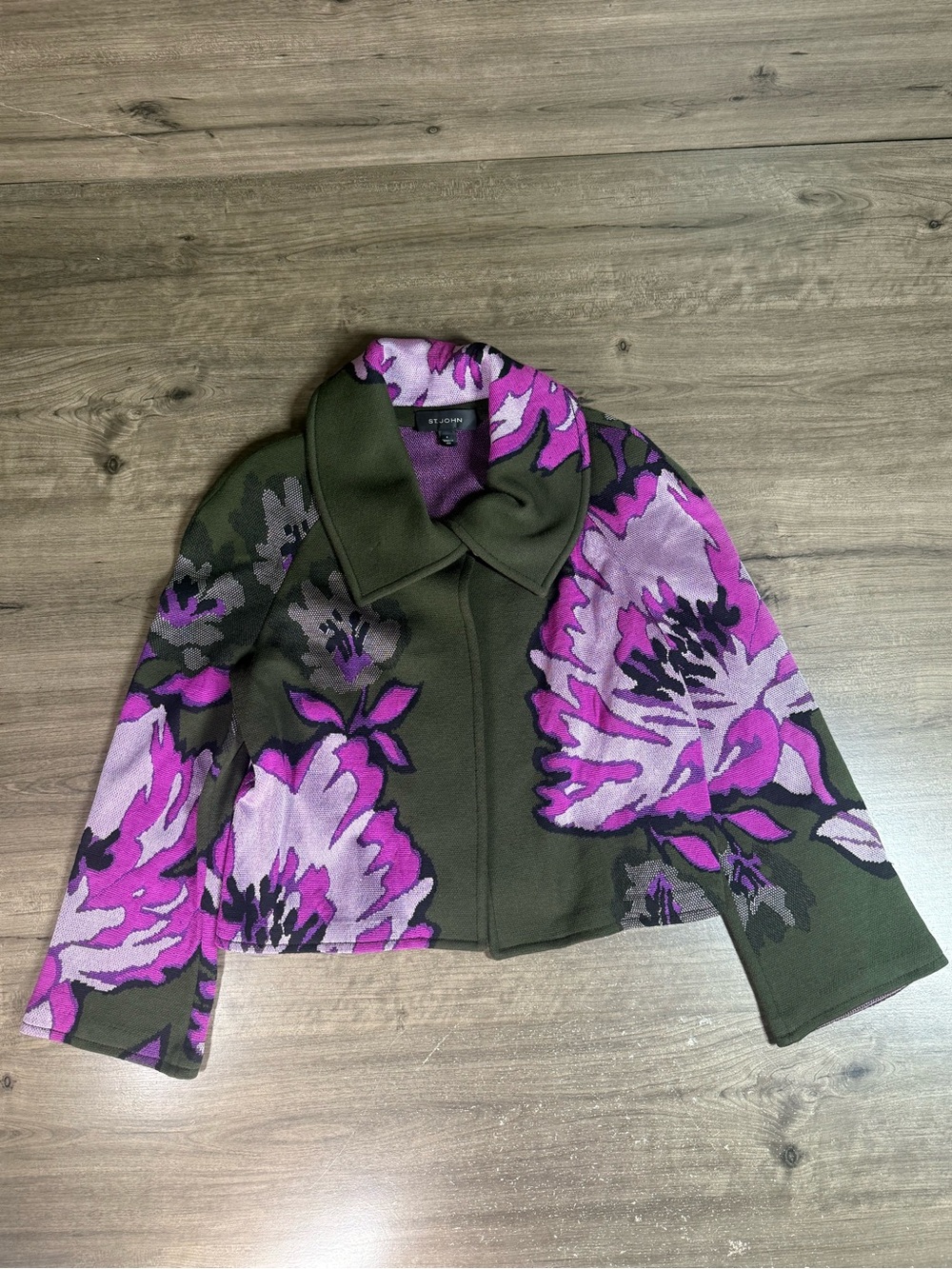 St John Size 6 Floral Knit Jacket Pink Green Purple Statement Art Wear USA